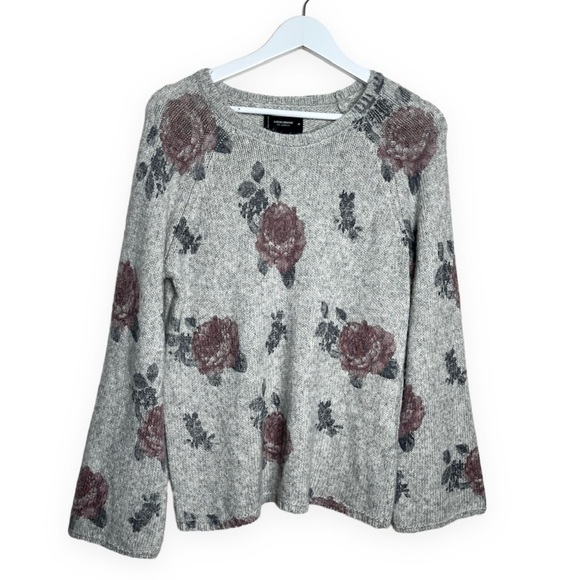 Lucky Brand Wool Blend Scoop Neck Floral Bell Sleeve Sweater in Grey Size Medium - Picture 3 of 9